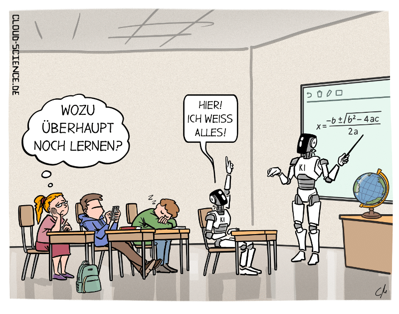 Karikatur eines Klassenzimmers mit Roboterlehrer und KI-Schüler, die traditionelle Bildung hinterfragen